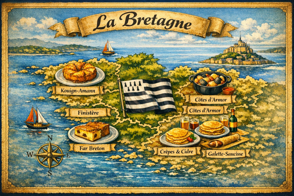 Région Bretagne, Les spécialités culinaires "Kouign-Aman, Cotriade, Far Breton, Crêpes au cidre Galette -Saucisse,